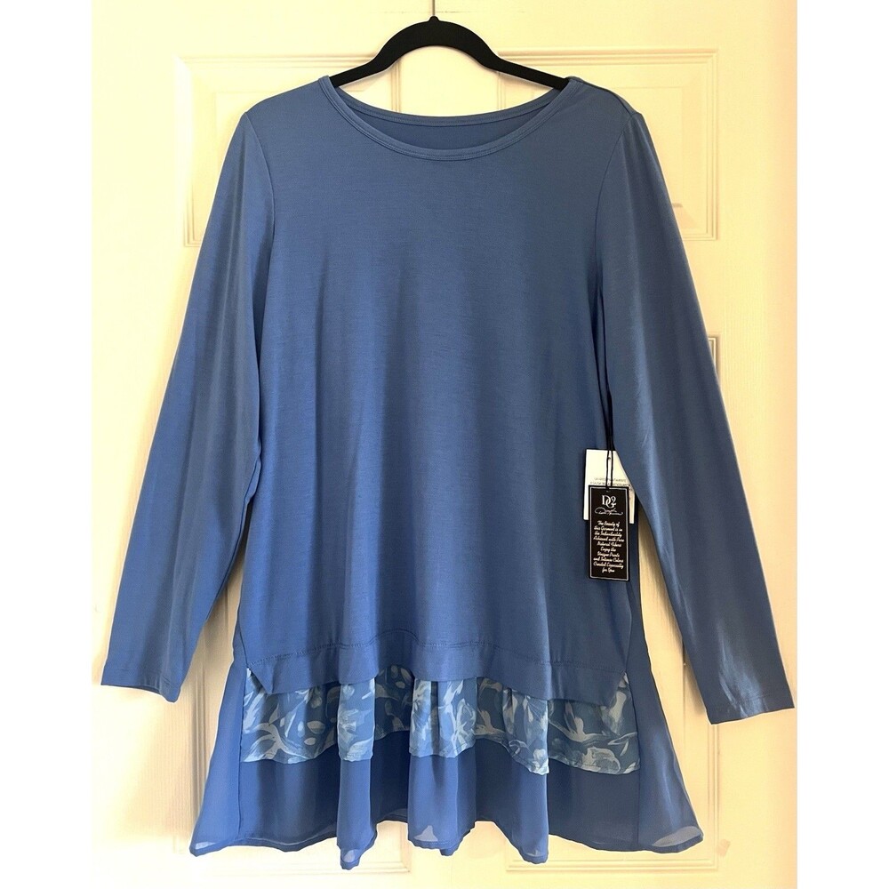 DG2 Diane Gilman Tunic Top Blue L NWT Long Sleeve Ruffle Chiffon Lagenlook Boho